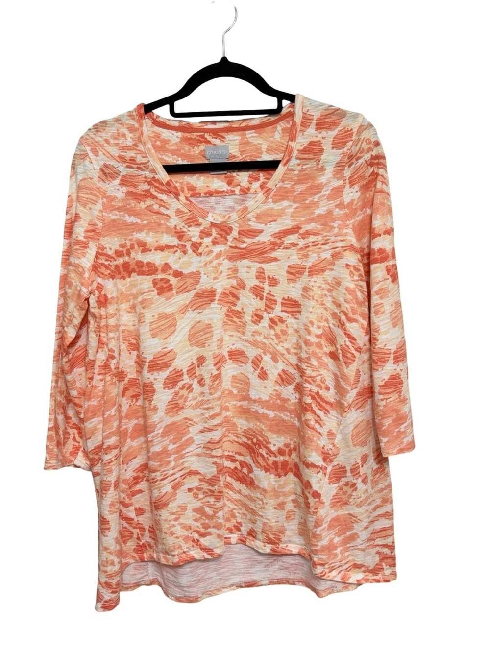 Chico’s Cotton Modal Slub V-Neck 3/4 Sleeve Tee Orange Print - Size 1 (M)